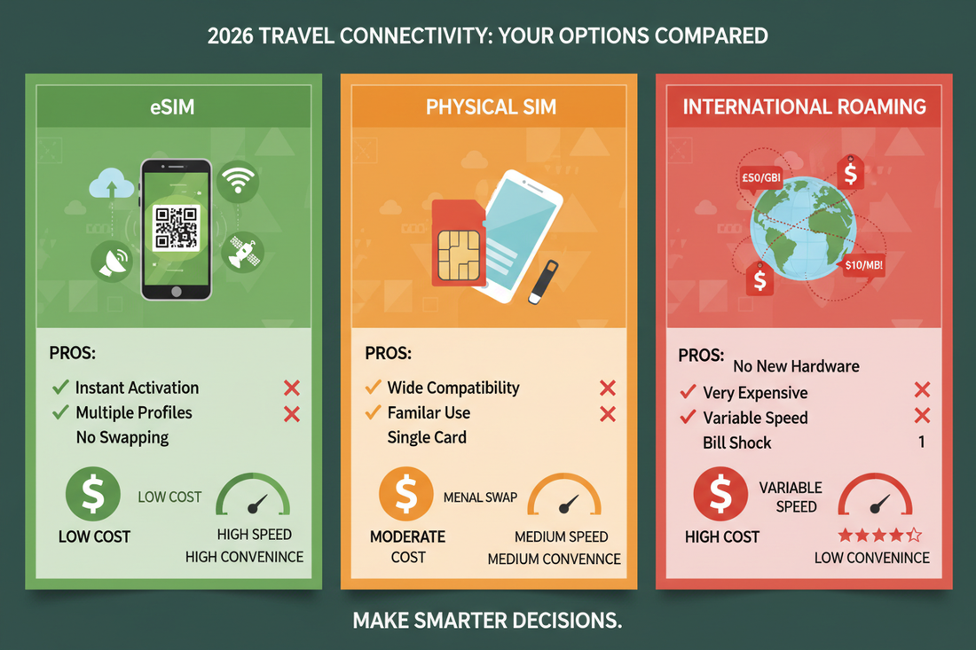 eSIM vs. Physical SIM vs. International Roaming: Which is Best for Travelers in 2026?